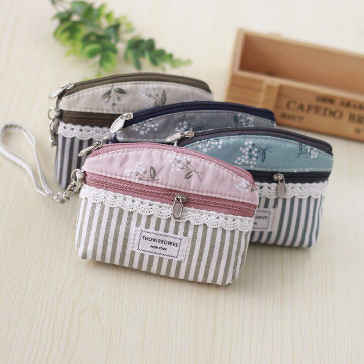 Pastoral double pull fabric hand coin purse Ladies fabric coin key bag Pure cotton linen small cloth bag coin purse