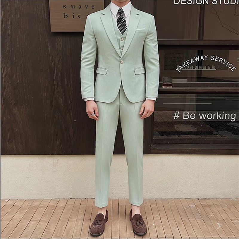 Spring and Summer Thin Style 2025 British Style Slim Fit Drapey Handsome Suit Men's Set Fresh Milk Green Suit for Men Spring and Summer Thin Style 2025 British Style Slim Fit Drapey Handsome Suit Men's Set Fresh Milk Green Suit for Men