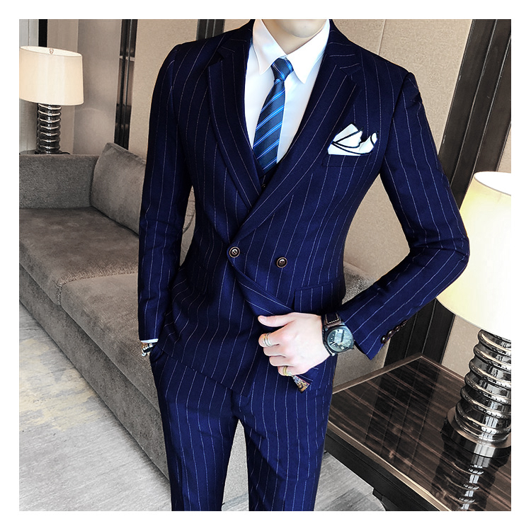 Mùa thu stylist hộp đêm khí chất đôi hàng hai khóa Slim phù hợp với nam phù hợp với đám cưới sọc ba áo len nam