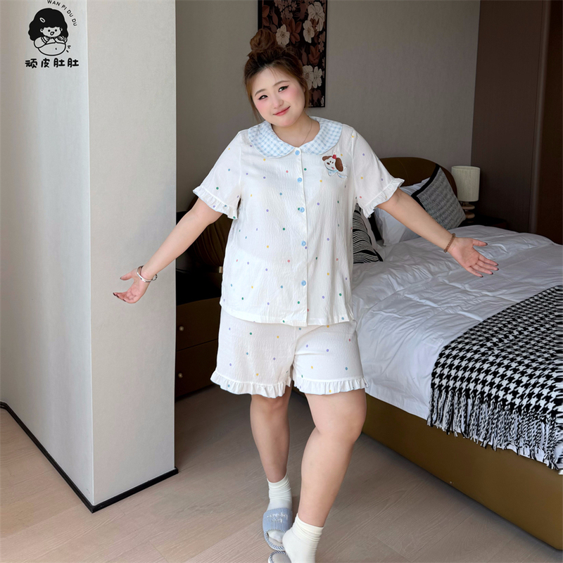 Naughty Belly Plus Size Pajamas for Fat Girls 100kg Summer New Cloud Cotton Short Sleeve Shorts Blue Plaid Polka Dot Puppy