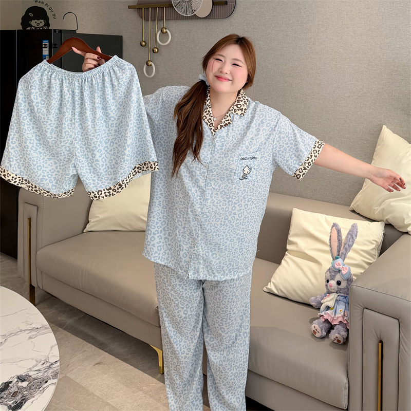 Naughty Belly Plus Size Pajamas for Fat Girls 100kg Spring New Cloud Cotton Three-Piece Set Blues Leopard Print Kitty