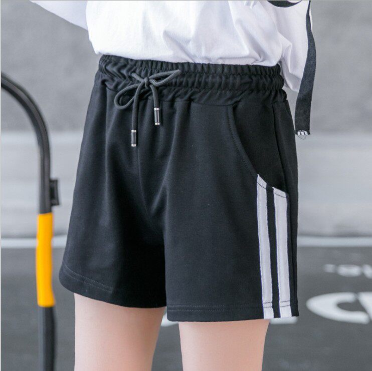 夏季新款a字运动短裤女夏系带高腰热裤宽松阔腿裤大码黑色休闲裤