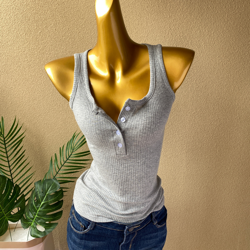 Gray Pure Cotton Button-Up Sleeveless Camisole Sexy Women's Summer New Style Sexy Outerwear Base Round Top Trendy