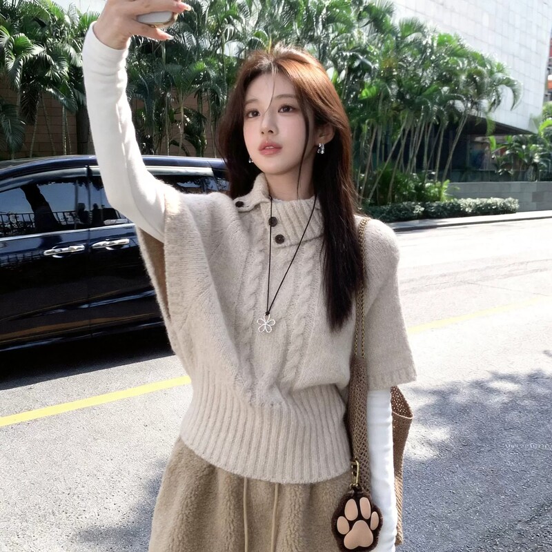 Spring and Autumn New Batwing Sleeve Turtleneck Sweater Retro Noble Style Asymmetrical Lapel Mid-Sleeve Knitwear Versatile Slim Fit