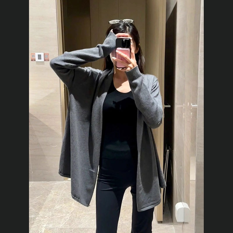Gray Lazy-Style Knitted Cardigan for Women 2026 Early Autumn Spring Thin Outerwear Loose Casual Sweater Jacket Top