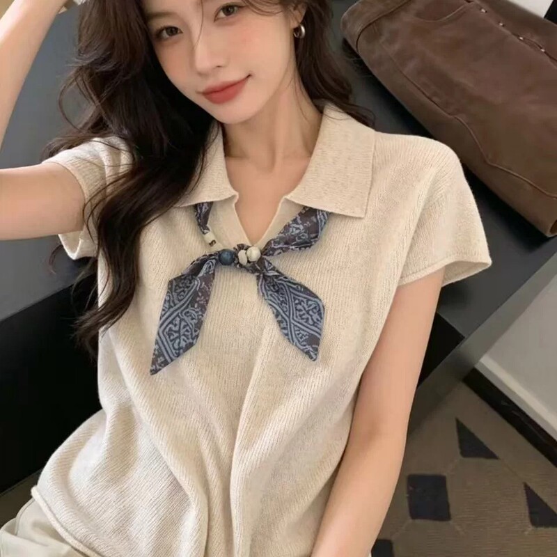 Old Money Style Polo Collar Scarf Short-Sleeve T-Shirt Knit Top for Women, Summer Thin Loose Fit, Slimming Design, Stylish and Elegant Top Old Money Style Polo Collar Scarf Short-Sleeve T-Shirt Knit Top for Women, Summer Thin Loose Fit, Slimming Design, Stylish and Elegant Top