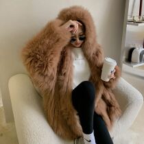 2021 Winter temperament socialite fur jacket loose long style Hong Kong style imitation raccoon fur hooded fox fur coat women