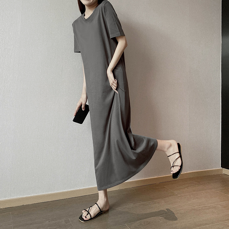 Cotton Round-Neck Mid-Length Dress, Slimming and Flattering, Loose Short-Sleeve or Long-Sleeve Straight Dress, Plus Size Summer Casual Dress for Women