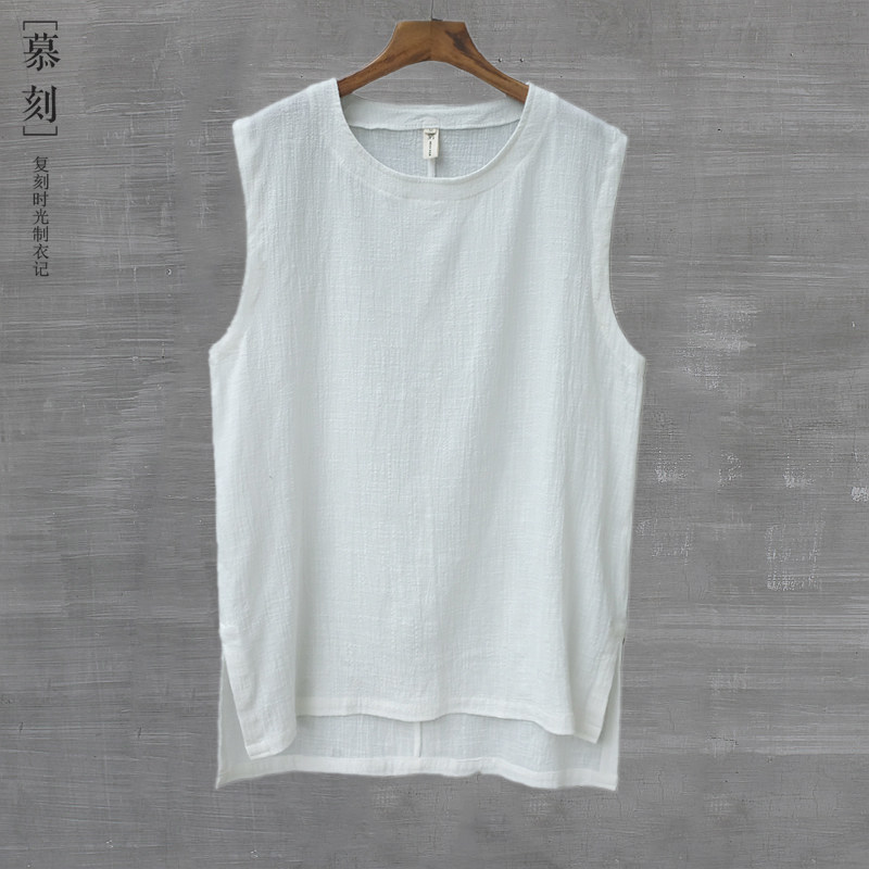 Cotton Linen Sleeveless Vest Large Size Sweatshirt Male China Wind Loose Slim round collar T-shirt Shoulder Chinese Linen Short Sleeve