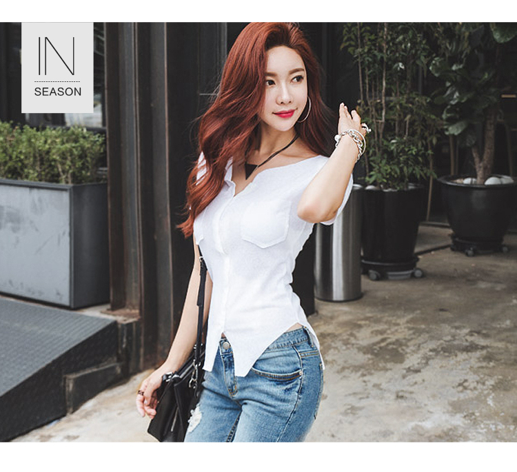 Áo sơ mi nữ gợi cảm hè 2019 mới lưới đỏ tim máy áo thun trắng tay ngắn Slim v-cổ bó sát gợi cảm - Áo phông áo phông đen nữ