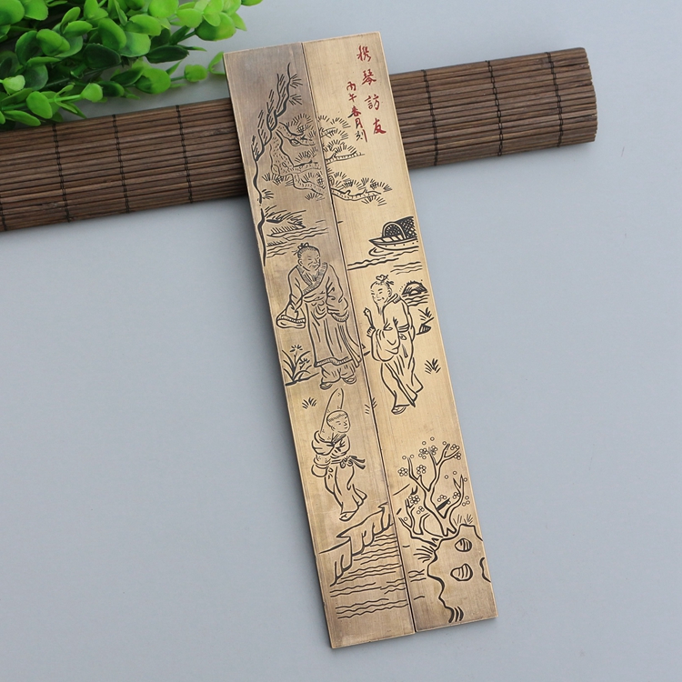 Four treasures of the study room Retro brass town ruler paperweight engraving figure large pressure ruler couplet paperweight Magpie Dengmei