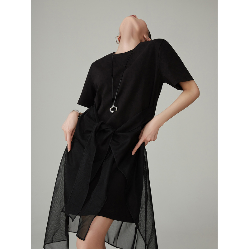 Black Mesh Lace-Up Waist-Cinching Round Neck Short-Sleeve T-Shirt Dress for Women, Loose Casual Mid-Length Cleanfit Dress