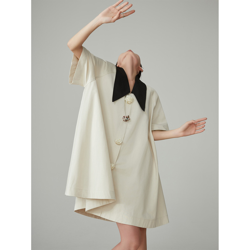 Old Money Style Retro Color-Blocked Lapel Short-Sleeve T-Shirt Dress with a Relaxed and Loose Fit, Korean-Style Cleanfit Shirt Dress