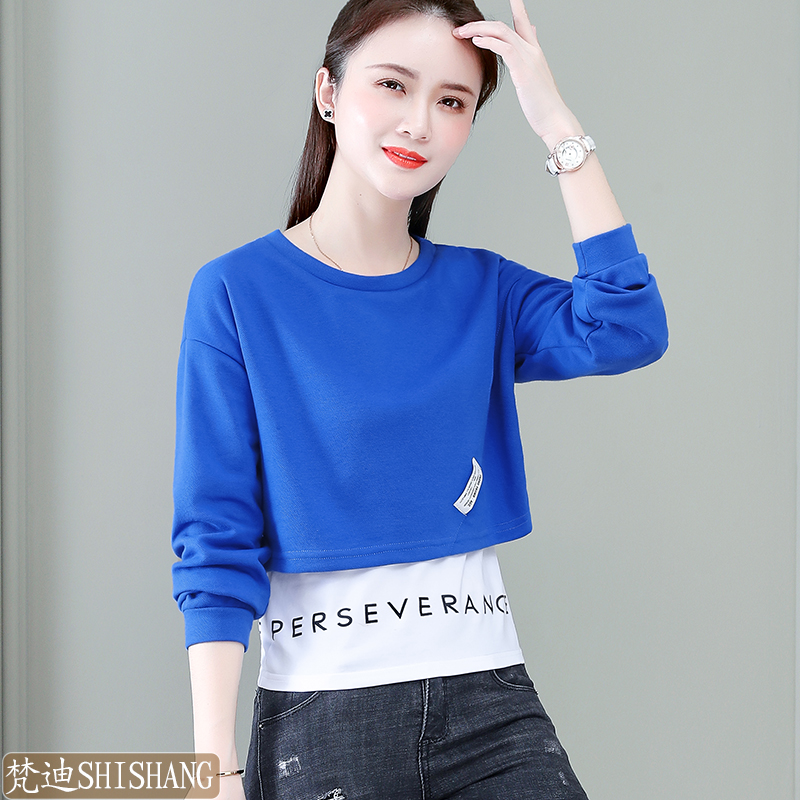 Blue fake two-piece sweater women's small fashion 2022 trendy ins super hot top pure cotton bottoming shirt for students