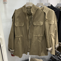 European station plaid cuff splicing drawstring windbreaker womens autumn 2021 new stand-up collar loose waist work jacket