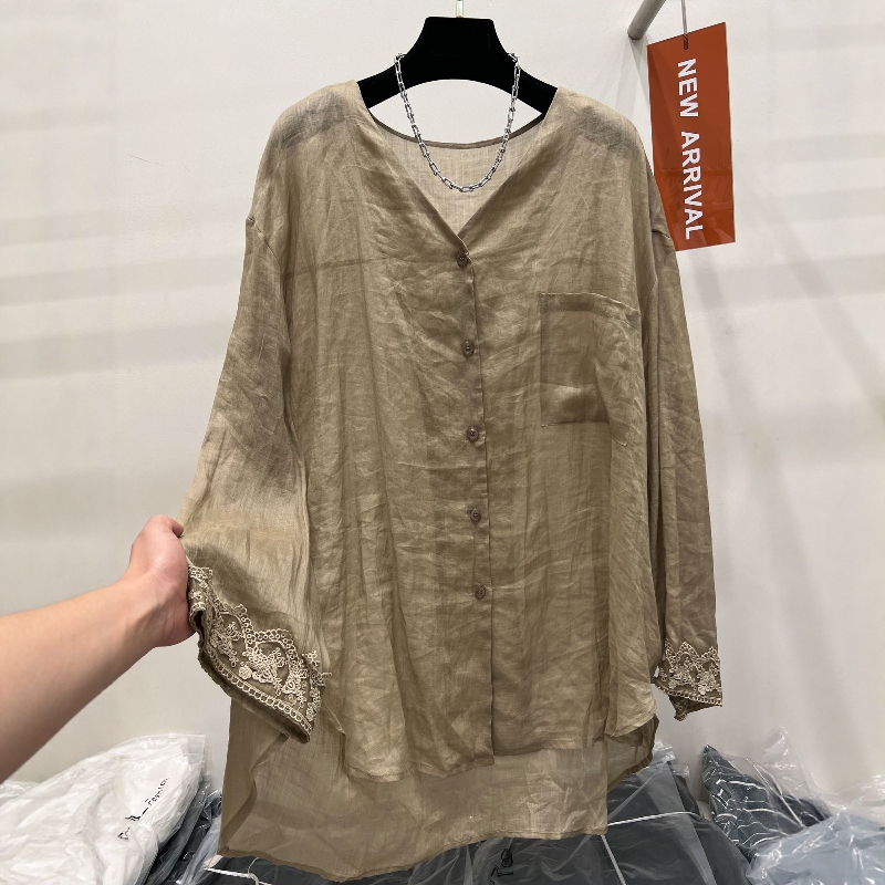 European and Korean High-End Lace Splicing Long-Sleeved Sun-Protective Ramie Shirt for Women, Summer Thin Breathable Lazy Style Loose Shirt