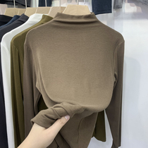 European solid color half-high collar bottoming shirt womens 2021 spring and autumn new style long-sleeved t-shirt thin section coffee color top