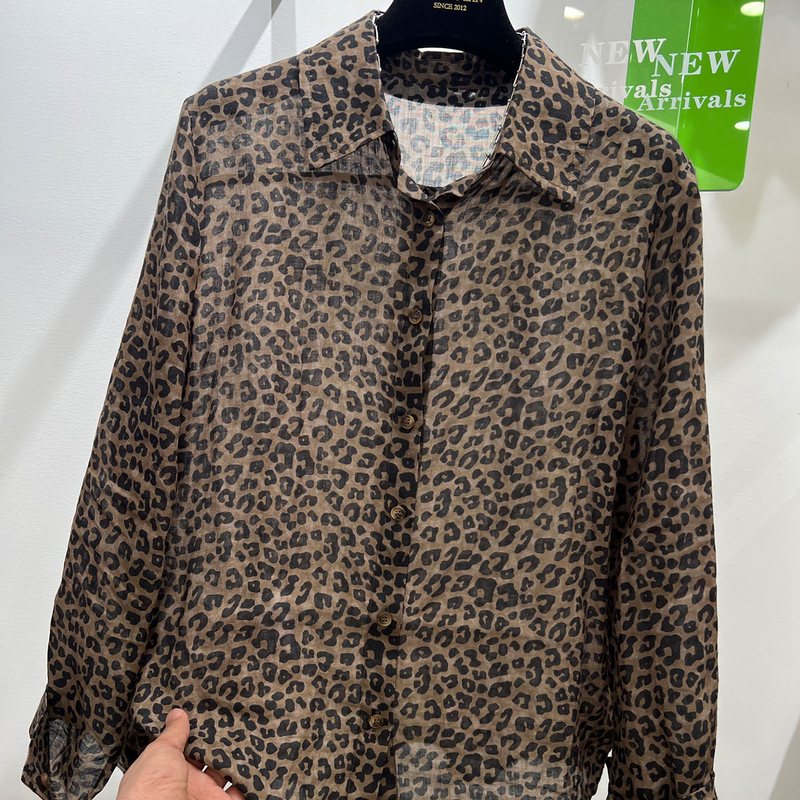 European High-End 100% Ramie Leopard Print Breathable Long-Sleeve Shirt for Women, New Autumn Style, Elegant and Slimming