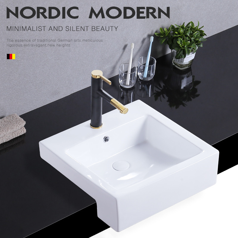 RUOMU Semi-embedded Taichung basin Narrow countertop wash basin Semi-hanging basin sink Square semi-embedded countertop basin