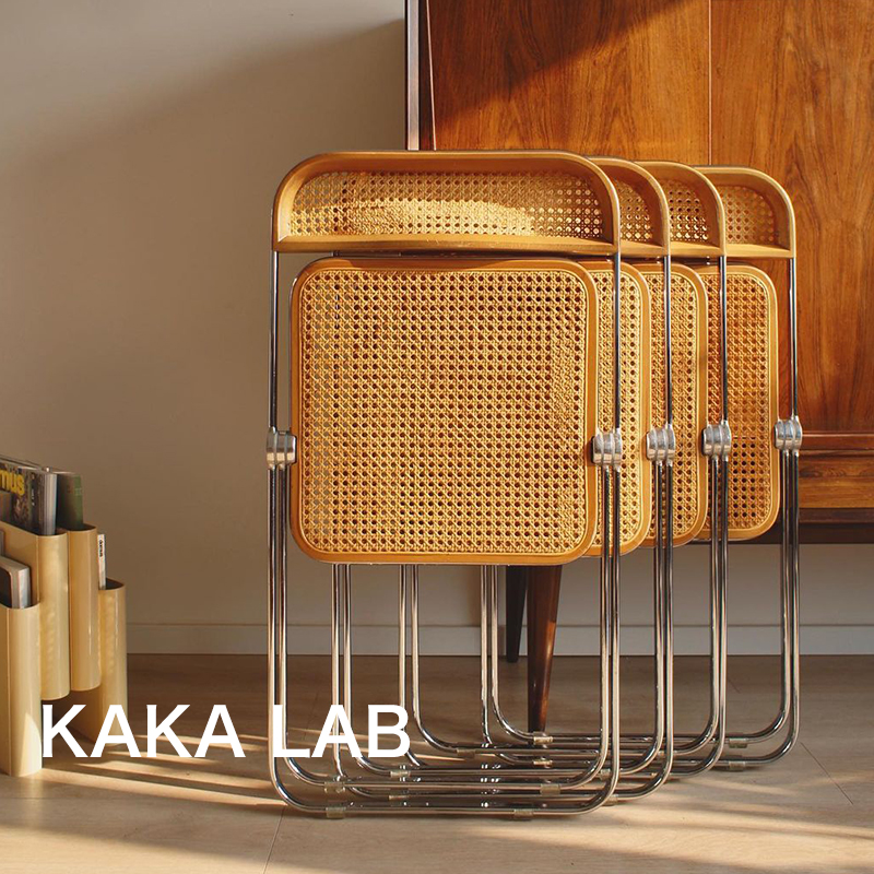 Nordic simple folding chair light luxury retro wooden rattan back chair home medieval iron metal dining chair