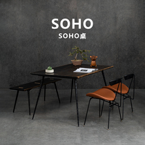 Nordic Oak natural edge solid wood dining table Wrought iron household rectangular expression Retro industrial style dining table and chair combination