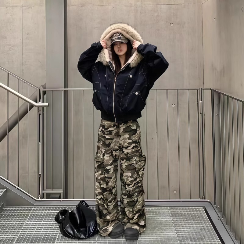 Zuoshan Diao Cotton-Padded Jacket for Women 2025 New Style with Large Fur Collar, Fleece-Lined and Thickened, Parka-Style Cotton Coat, American Short Jacket