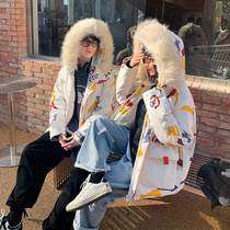 Winter men and women couples down jacket 2021 New Korean version of loose graffiti small monster tide card student coat