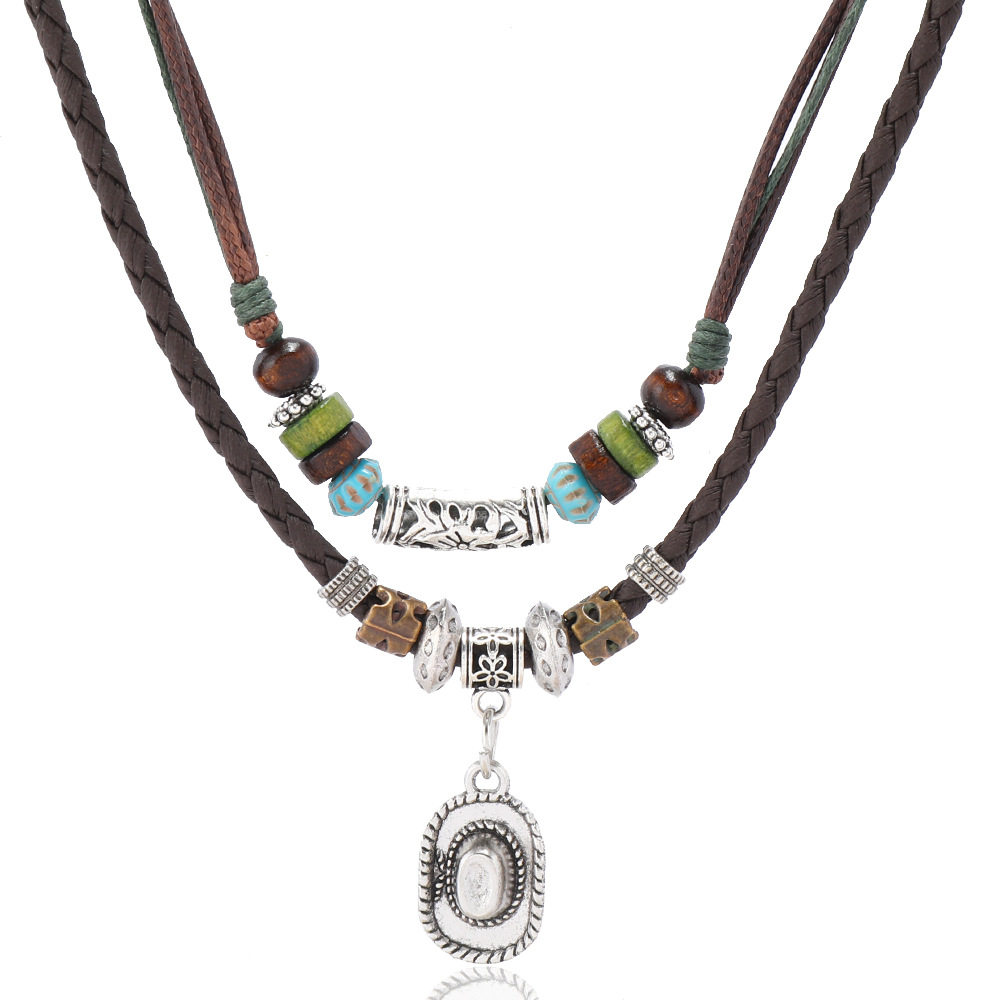 European and American Western cowboy style necklace, retro butterfly alloy multi-layered wooden beads knotted pull-out hand-woven jewelry.