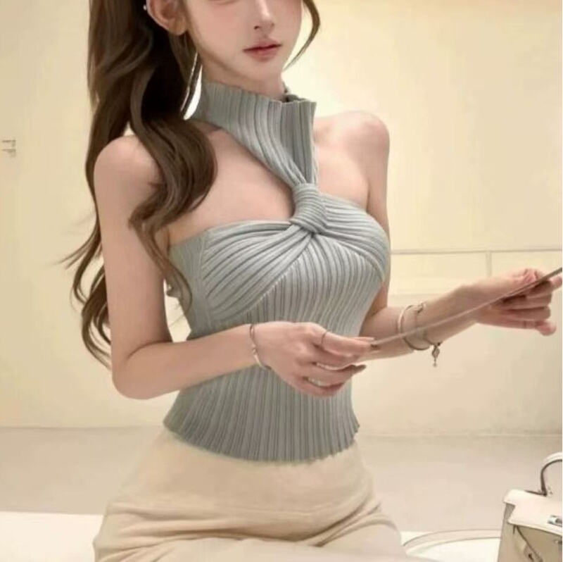 Chirazz Cedar Sage Special Edition Blue-Green High Neck Sleeveless Knit Top