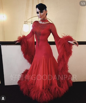 Customized dance partner GOODANAPARs new modern competition costume performance dress with long sleeves and furry hem