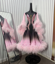 New modern dance performance competition uniform with full swing dress gradient chiffon trumpet sleeves imported ostrich feathers