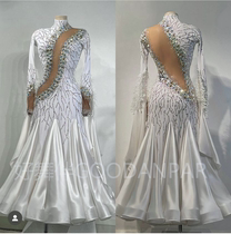 New modern waltz tango competition performance dance costume imitation diamond long sleeves high collar white pearl silk hem