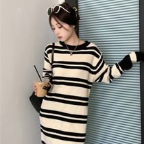 Maternity autumn dress Korean style lazy style long knee-length striped knitted skirt autumn and winter long-sleeved bottoming sweater dress
