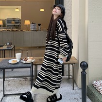 Maternity sweater dress autumn and winter lazy style Japanese retro long knee-high striped hooded bottom layer knitted long skirt