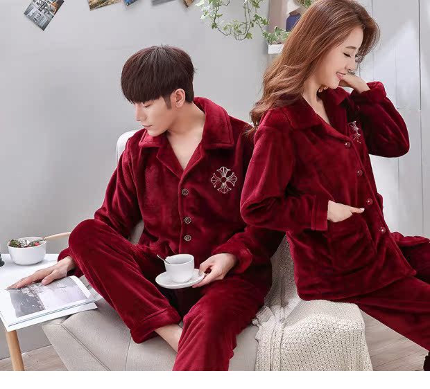 Hôn nhân rượu vang đỏ đôi dày lên đồ ngủ mùa thu nam và nữ mới cưới mỏng phần lông san hô lông cừu mùa thu và mùa đông flannel đồ ngủ nữ