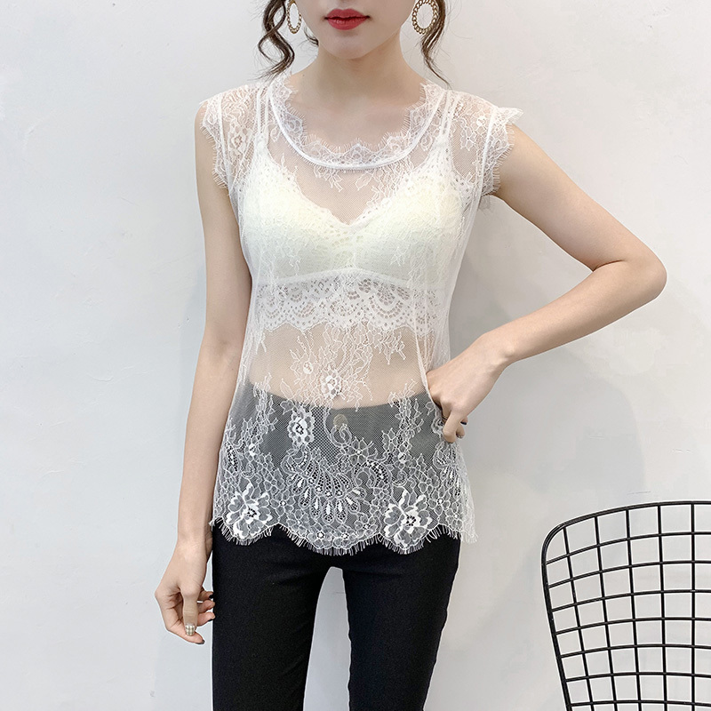 2021 Eyelash Lace Cover Neck Sleeveless Bottoming Lace Shirt Hollow Short Sexy See-Through Shirt