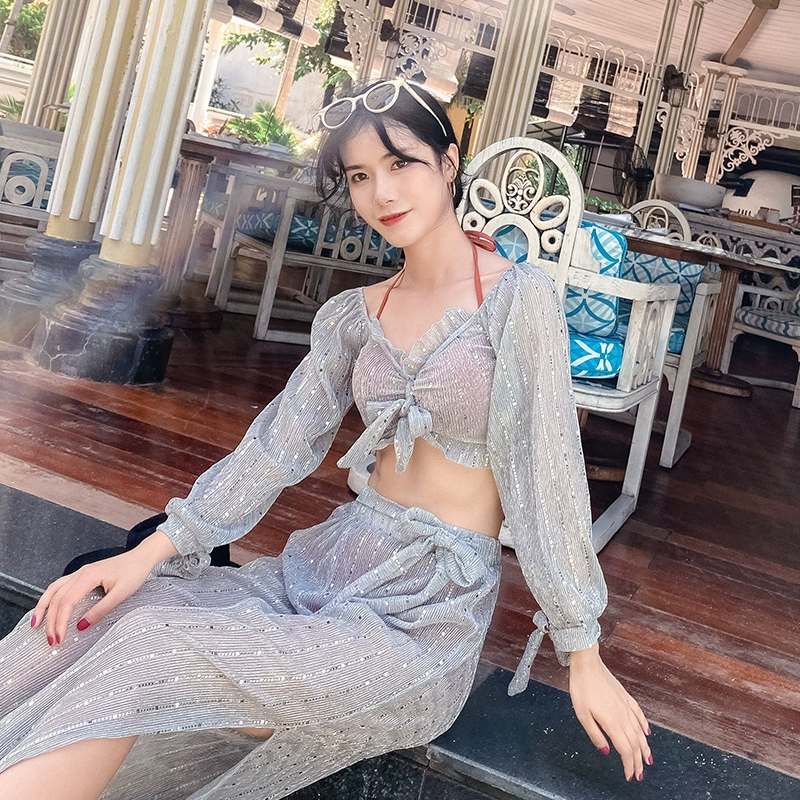 Bộ bikini mới của Hàn Quốc 2019 thu thập thép hỗ trợ dài tay chống nắng bốn mảnh che bụng áo tắm mỏng gợi cảm - Bộ đồ bơi hai mảnh