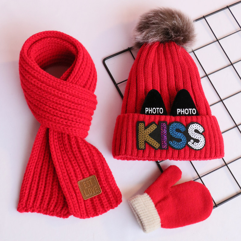 Three sets of children's hair line hat scarf for autumn and winter boy baby baby girl pure cotton warm cover knitted hat tide