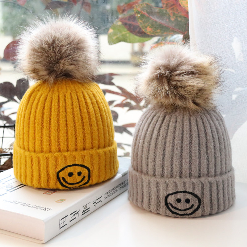 Autumn and winter new baby hats, children, boys and girls, cute casual smiley knitted hats, children's cotton caps