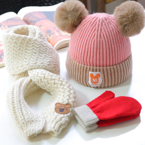 Three-piece baby hat autumn and winter double ball cute plus cotton flannel cotton cotton infant child knitted hat scarf
