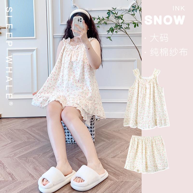 Fat m Korean Style Pure Cotton Gauze Cute Suspender Shorts Pajama Set Summer Girls Plus Size Home Wear 100kg