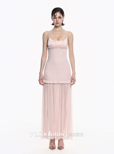 Lotus's Million Light Pink Waist Slim Shoulder Pleated Suspender Long Skirt Pure Desire Hot Girl Dress