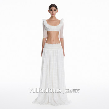 Lotus's million french resort style ruffled ສີຂາວເທິງ + ຊຸດກະໂປງແອວສູງແລະຊຸດສັ້ນ