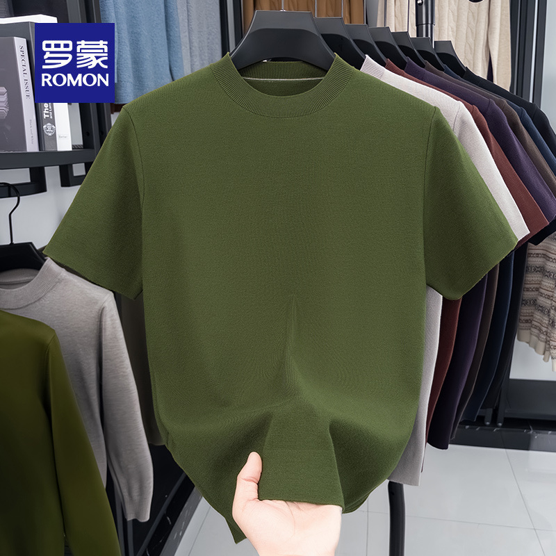Romon Spring and Autumn New Knit Fashion Men's Short-Sleeve Base Shirt Solid Color Plain Round Neck Green Sweater for Layering
