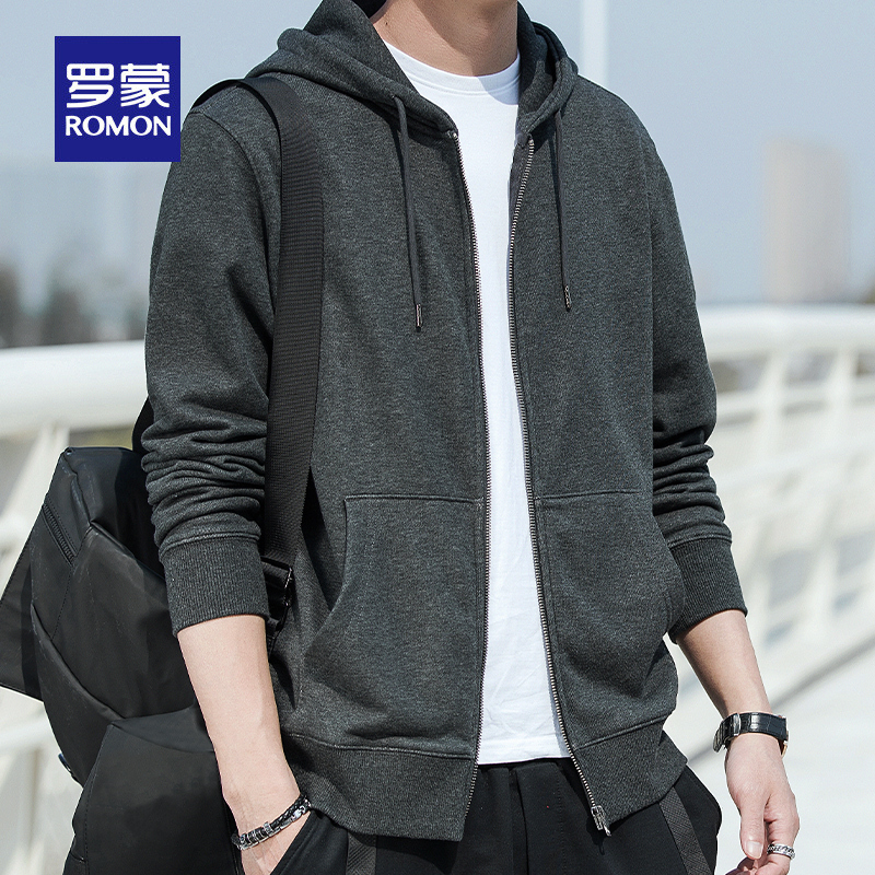 Romon Men's Hooded Sweatshirt, Pure Cotton Cardigan, New Spring and Autumn Casual Warm Top, Solid Color Pocket Jacket, Trendy