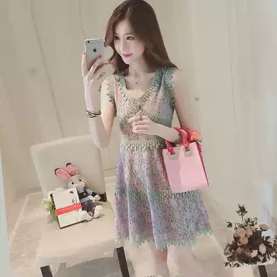 21 summer new sweet little fresh thin sleeveless sundress V-neck high waist floral lace dress lady