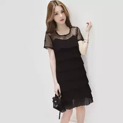 21 summer new sweet little fresh lace stitching short-sleeved chiffon dress super fairy cake skirt black skirt