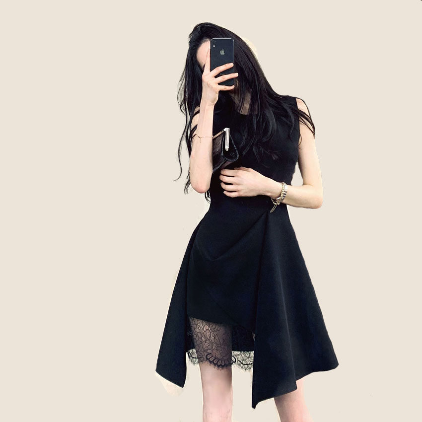 Summer 2022 new sexy waist-cinching slim little black dress sleeveless tank top skirt lace panels irregular dress