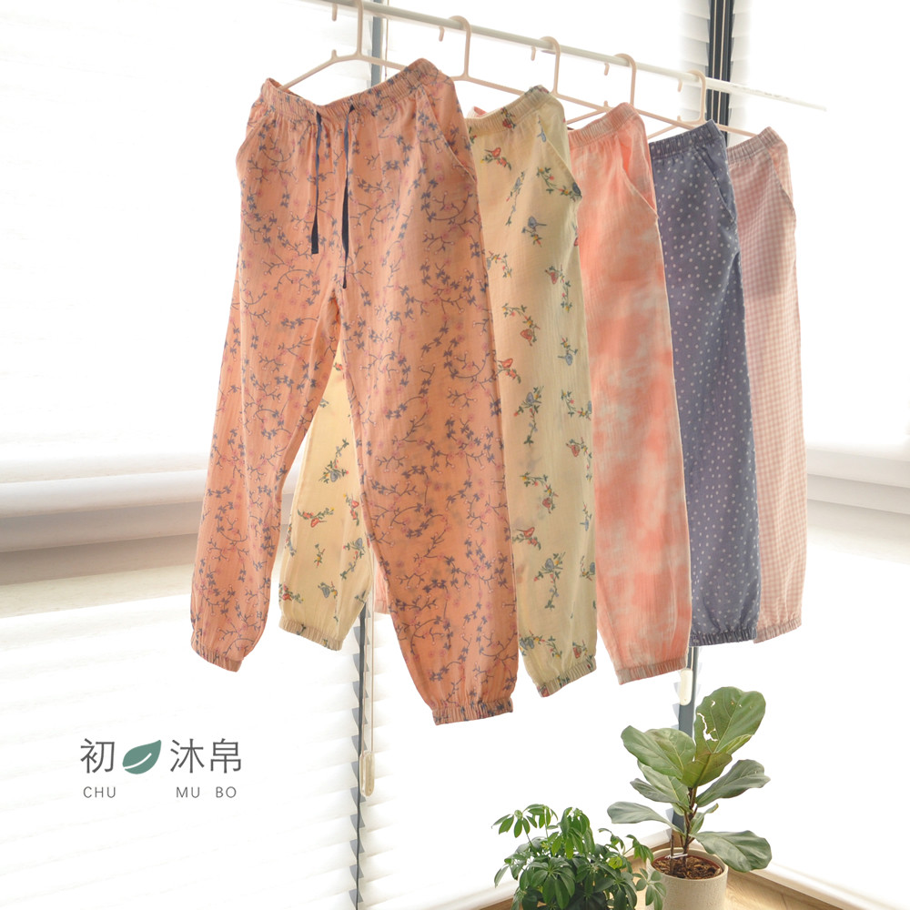 Spring Summer Full Cotton Ultra Soft Double Cotton Cotton Cloth Women's Style Slim Tie Rope Close-up Sleeping Pants Mosquito-Proof Long Pants Casual Home Pants