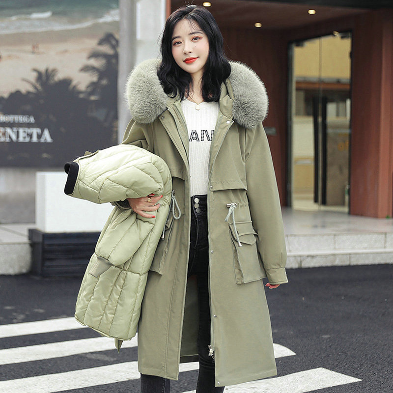 Korean Style Detachable Cotton Parka for Women, 2024 Winter New Model, Long Over-The-Knee Thin Cotton Coat